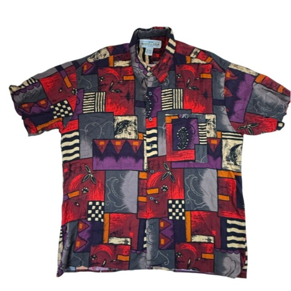 Natural Issue Vintage 90s Abstract Geometric Rayon Button Down Shirt Large Red